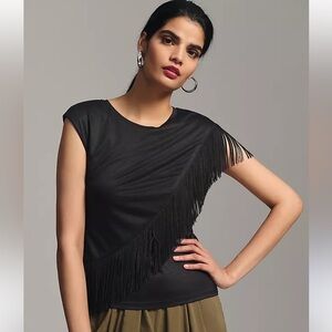 Anthropologie W5 Fringe Top M Black Boho Sheen Festival Sleeveless Office Party